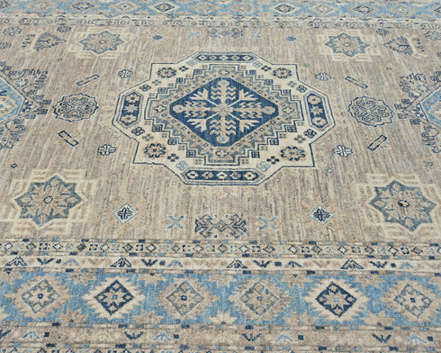 5x7 Ft Kazak Brown Blue Afghan Hand Knotted Geometric Wool Area Rug